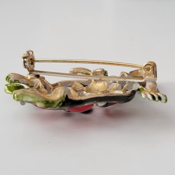 VTG Turtle Brooch Red Cabochon Shell Green Enamel Gold Tone Figural Tortoise Pin - Picture 5 of 8